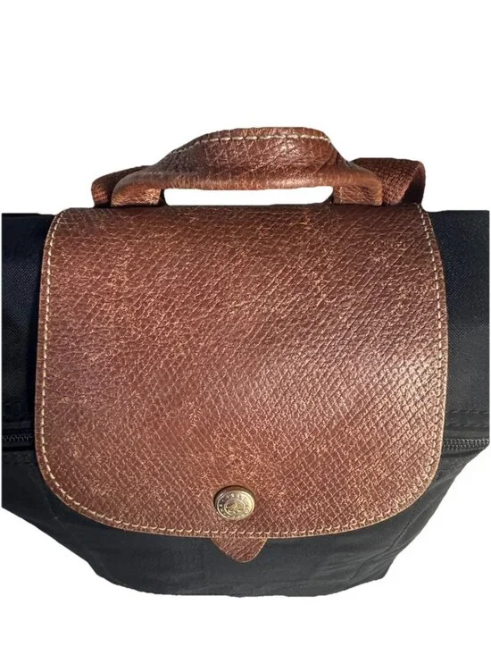 Longchamp Le Pliage Mini Backpack Black Canvas Brown Leather Flap - Picture 6 of 15